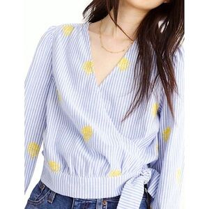 J Crew Womens Pineapple Embroidered Wrap Blouse XL Blue‎ Stripe Preppy Coastal